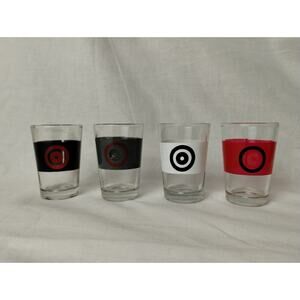 4 BULLSEYE SHOT GLASS SET-CLEAR-RED, BLACK, GRAY & WHITE - GLASS